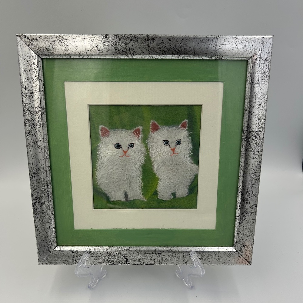 Framed Handmade Silk Embroidery Art White Kitty Cats Art Picture